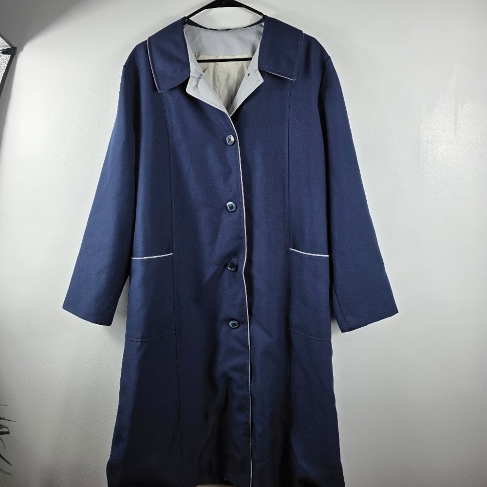 Womens Vintage Navy Blue Button Front Long Sleeve Coat XL Gray Piping Accent‎